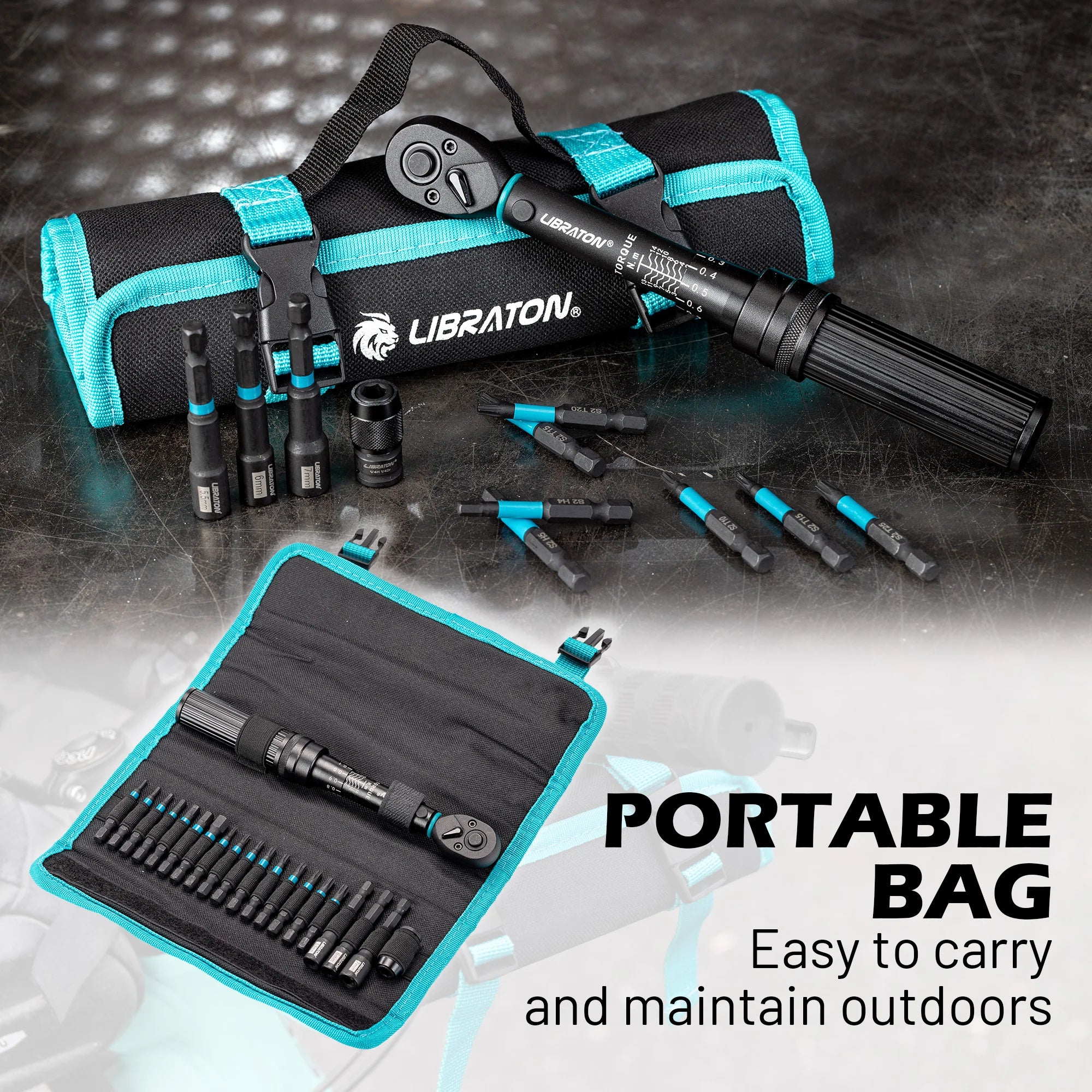 LIBRATON 21-Piece Bike Torque Wrench Set – 1/4” 2–14 Nm – 0.1 Nm Micro-Adjust – Hex + Torx + Nut Driver Bits + Roll Bag – $60