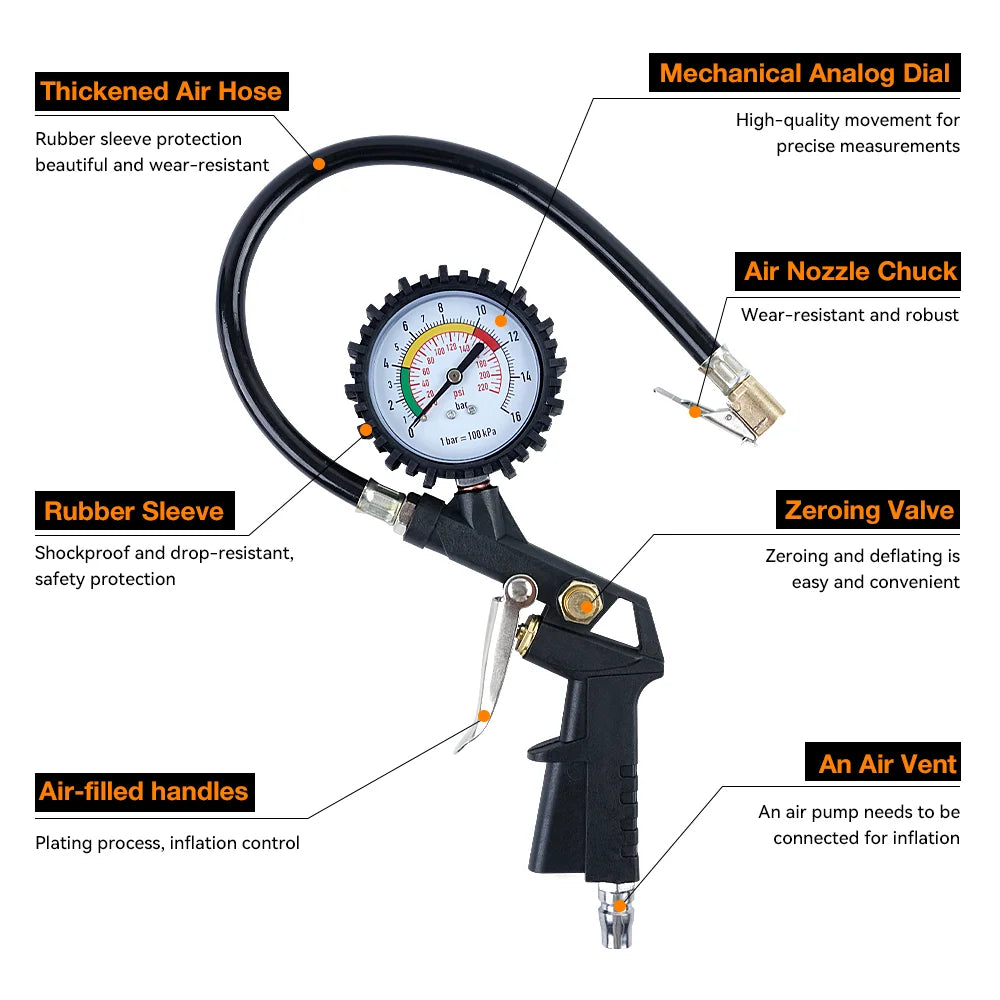 0–16 Bar Tire Pressure Gauge – High-Precision Dial Tire Inflator for Car, SUV, Motorcycle & Bicycle