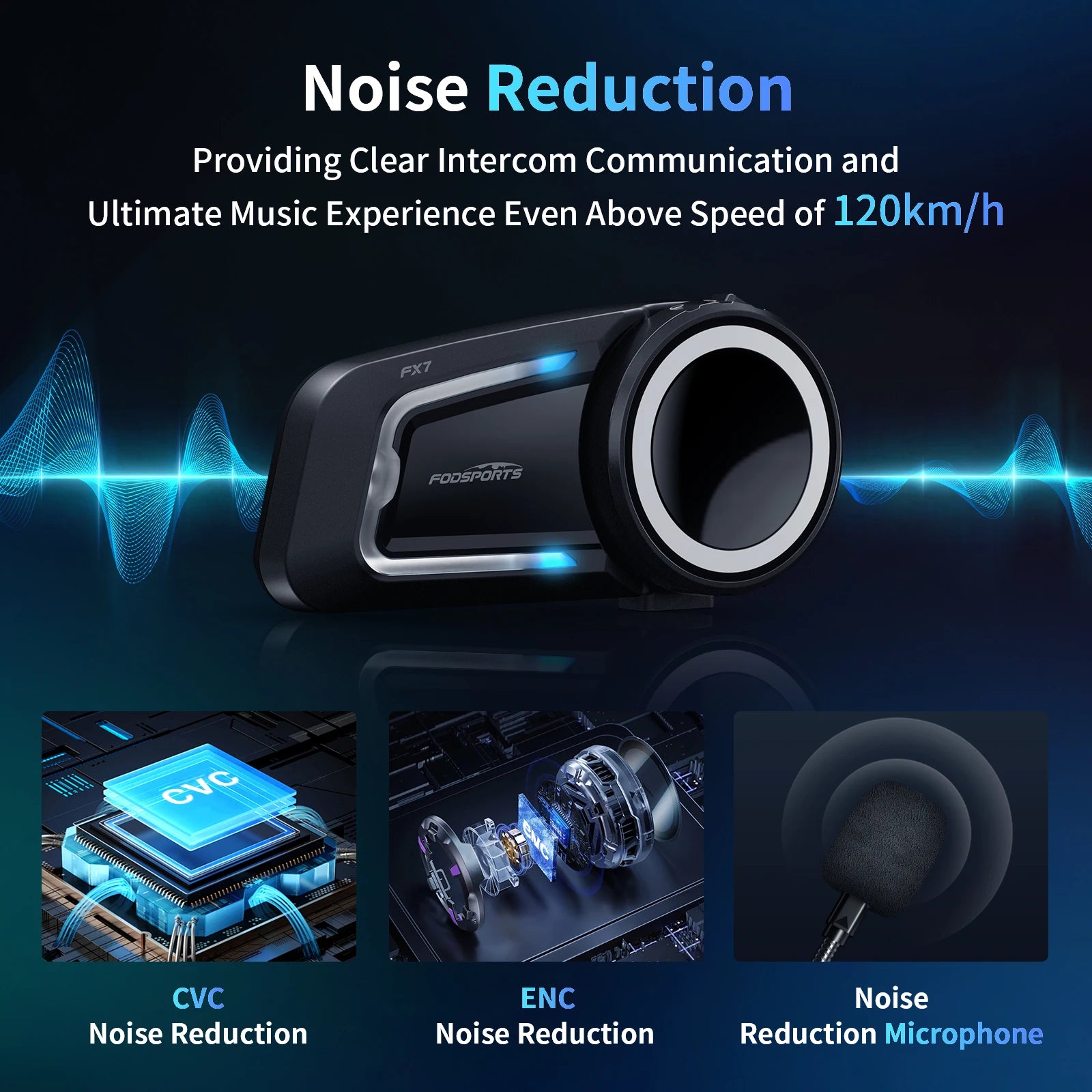 FODSPORTS FX7 Motorcycle Bluetooth Intercom – 10-Rider Mesh 2000m
