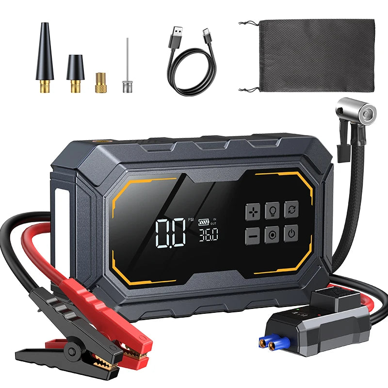 Motorcycle Jump Starter with Air Compressor 150PSI Tyre Inflator 4-in-1 Emergency Battery Booster Power Bank LED Flashlight 12V