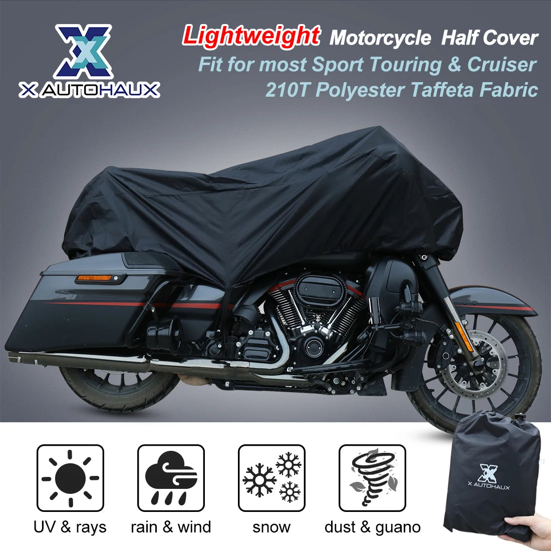 X Autohaux 210T Half Motorcycle Cover Travel Waterproof Outdoor Dustproof Rain Dust Anti UV Motor Scooter Protector Cover M L XL – 210T Polyester PU Silver Adjustable Elastic Band with Carry Bag